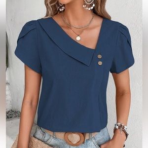 Classic Elegant Asymmetrical Neck Short Petal Sleeve Top Blouse Shirt
